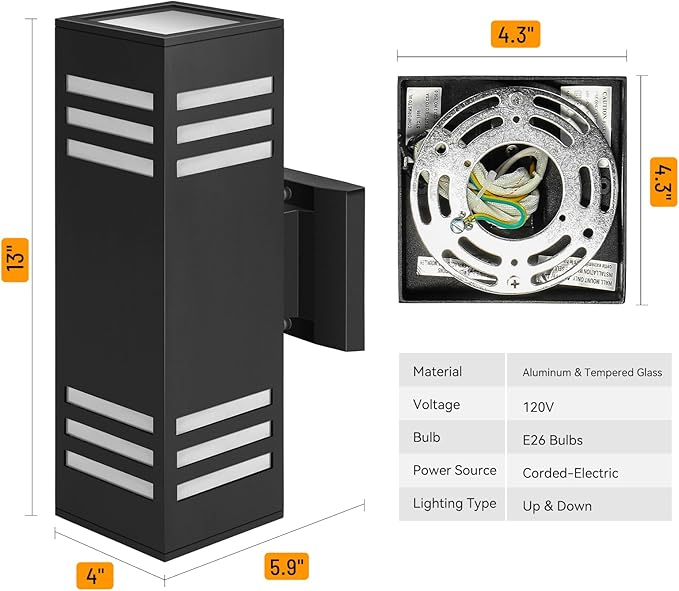 2 Pack Outdoor Wall Lights, Up/Down Modern Wall Sconce Exterior Lighting Fixture Square Wall Lamp Aluminum IP65 Waterproof Wall Mount Porch Lights ETL Listed E26 Bulbs Included 2700K-VerdiqueGarden