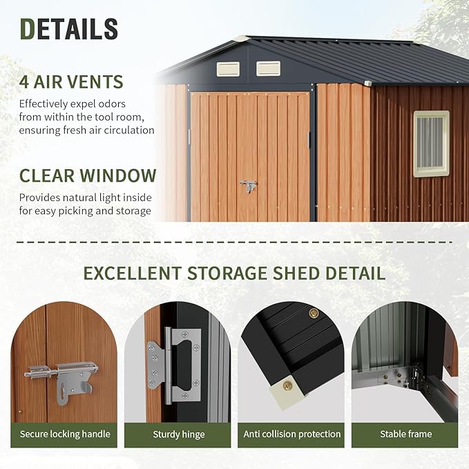 8x6 Ft Storage Shed, Large Outdoor Shed with Window, Lockable Doors, Outside Steel Shed for Garden, Backyard, Lawn, Patio Utility, Tool Storage-VerdiqueGarden