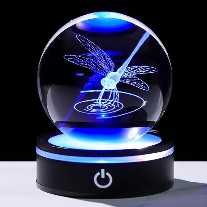 YWHL Crystal Ball 3D Dragonfly Figurine with LED Base, Dragonfly Gifts for Men Women on Christmas Birthday, Glass Animals Insect Sphere Decorative Ball for Home Decor (80mm)-VerdiqueGarden
