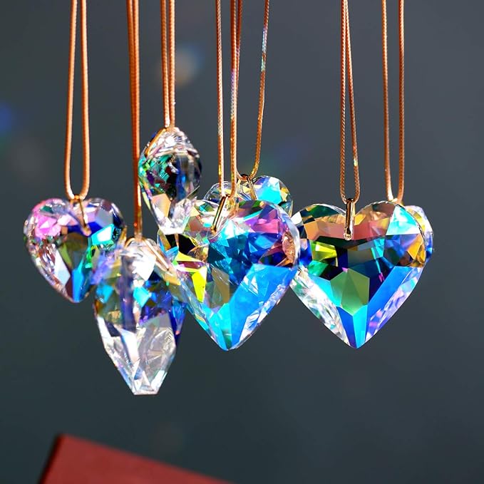 Crystal Heart Prisms Suncatcher Pendant AB Color for Windows, Garden Hanging Decor, Rainbow Maker Crystal Ornament 30/45mm Set of 7-VerdiqueGarden