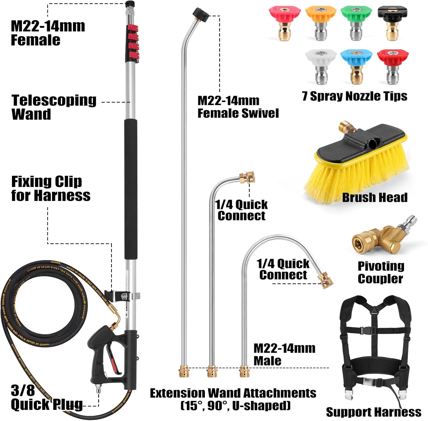 24FT Telescoping Power Washer Extension Wand, Gutter Cleaning Tools with Brush Head, 4 Adapters, 7 Spray Nozzles, Upgraded Support Belt, Pressure Washer Wand Extension for Wall Roof Gutter-VerdiqueGarden