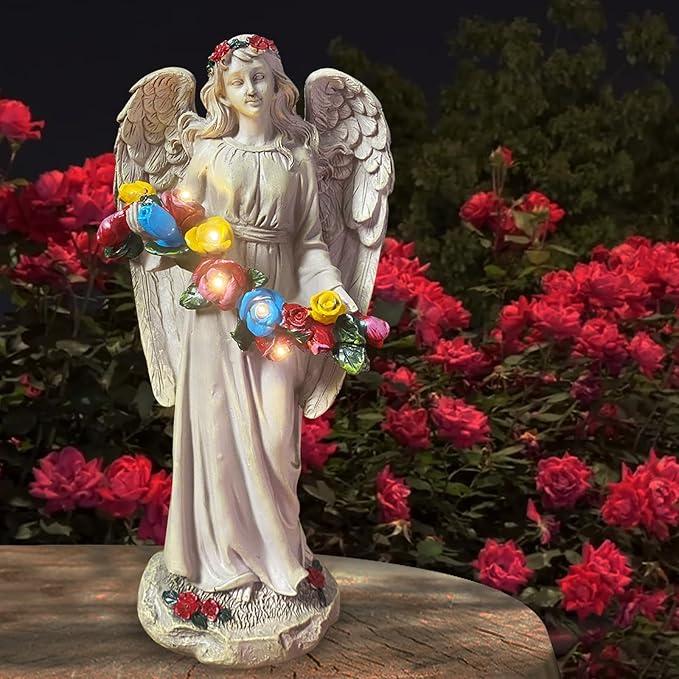 Angel Statues for Garden, Solar Angels for Outside, Angels Sculpture Holding Wreath for Outdoor Patio Lawn Balcony Ornament Gifts for Women/Mom/Grandma-VerdiqueGarden