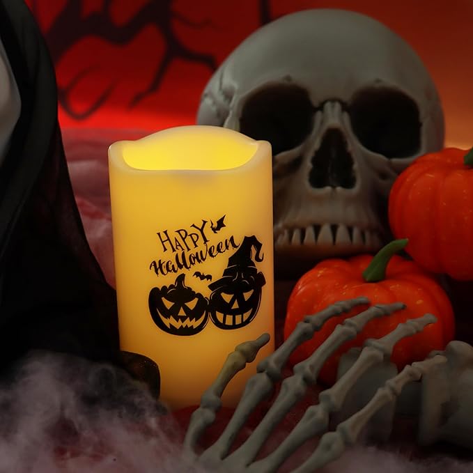 Halloween Outdoor Battery Operated Flameless Pillar Candles with Auto Daily Timer Waterproof Realistic Flickering Electric LED Lights with Pumpkin Witch Decals Halloween Decorations 2 Pack 3X5”-VerdiqueGarden