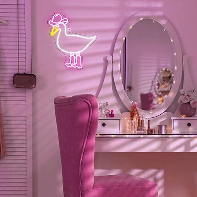 Cowboy Duck Neon Sign,Duck Neon Signs Cowgirl Boots Neon Signs for Wall Decor, USB Connectivity Pink LED Signs for Bedroom Living Room Kids Room Home Bar Birthday Party-VerdiqueGarden