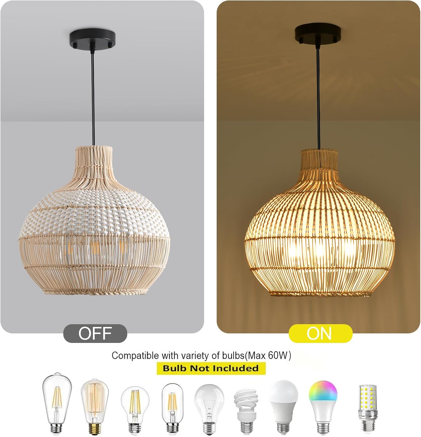 15" Rattan Pendant Light Fixture,3-Light Hand-Woven White Wicker Basket Chandelier Boho Faux Rattan Hanging Lamp,for Dining Living Bedroom Kitchen 1-Pack-VerdiqueGarden