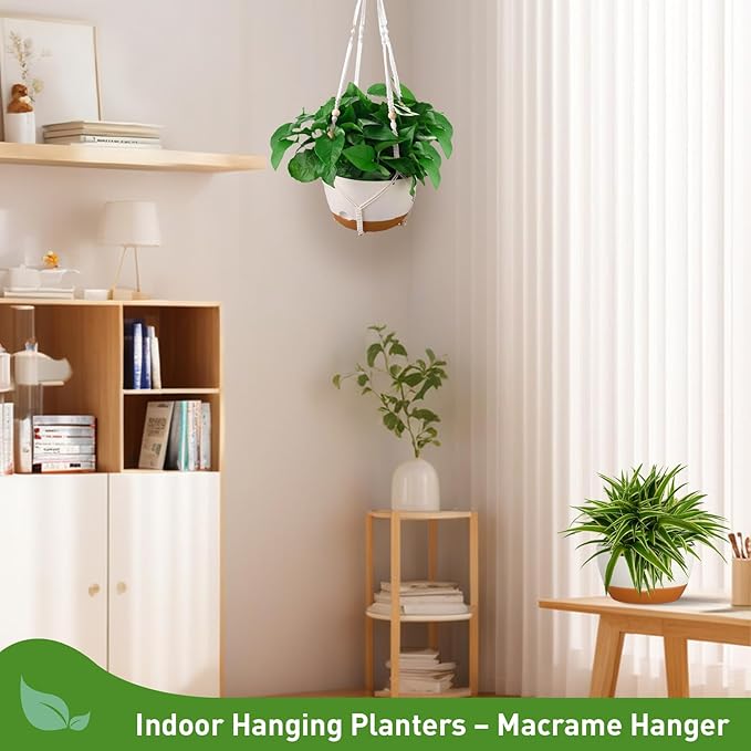 10 Inch Hanging Planters for Indoor & Outdoor Use (2 Pack) - Self-Watering & Drainage Flower Pots with Chain & Macrame Hangers (White, 10 in)-VerdiqueGarden
