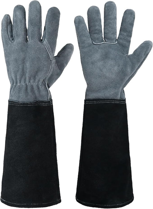 HANDLANDY Long Gardening Gloves for Men & Women, Cowhide Leather Rose Pruning Gloves, Breathable Thorn Proof Gauntlet Glove (Dark Grey-Black, L)-VerdiqueGarden