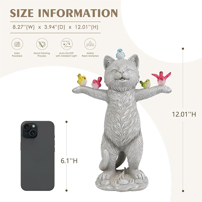 MININOVA Solar Outdoor Decorations Garden Statue Cat Figurines with Birds for Yard Patio Balcony Lawn Outside Ornaments Gifts for Women Mother Kids-VerdiqueGarden