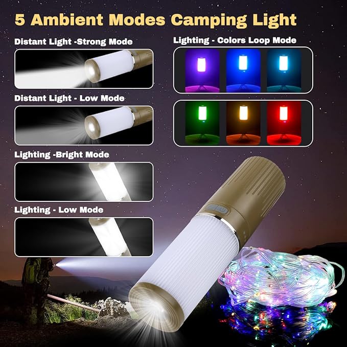 Camping Lantern with 49.2FT String, 2 in 1 Outdoor RGB String Lights with 4 Modes & 5 Modes Rechargeable Camping Lamp IPX4 Waterproof Portable LED Tent Light for Outdoor Yard Garden Decoration-VerdiqueGarden