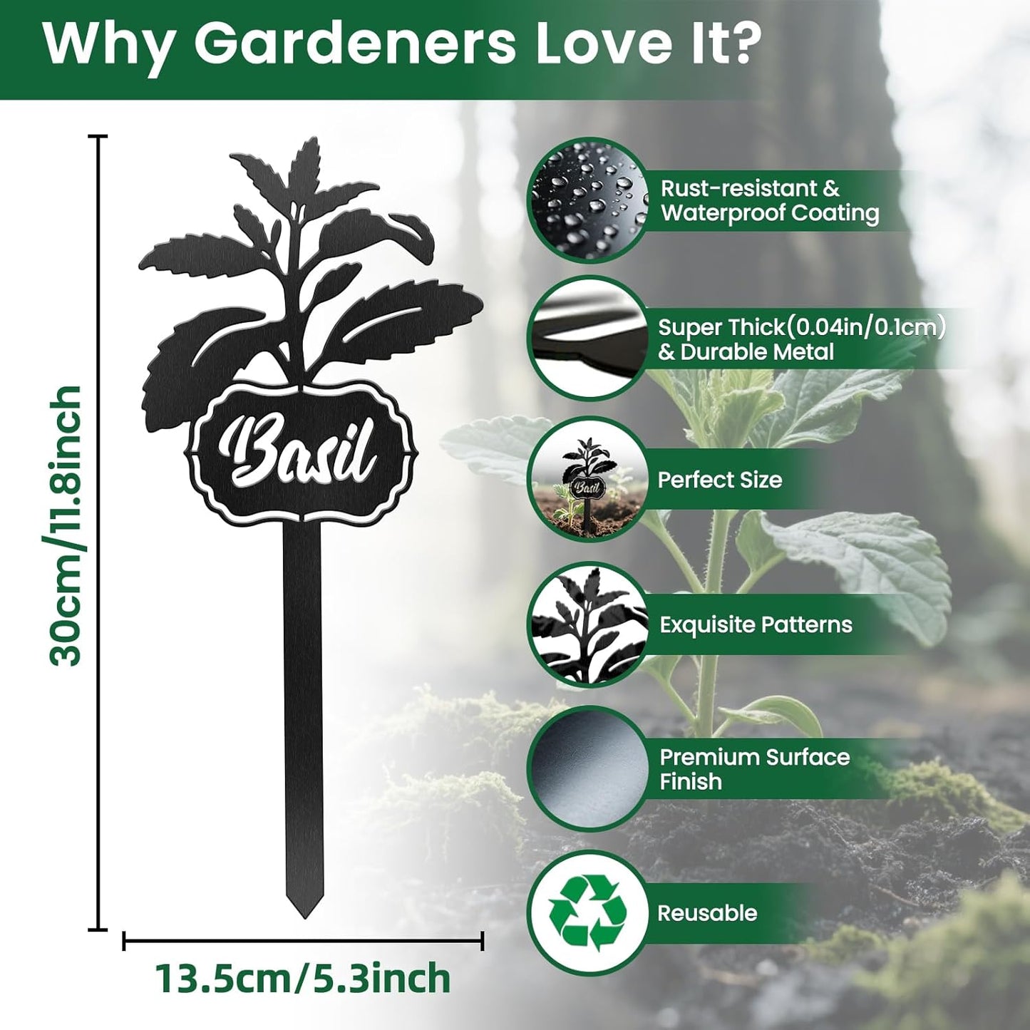 CUTHOLLOW Metal Plant Marker Stake Basil for Outdoor Indoor, Waterproof 11.8 inch Cute Garden Plant Labels Sign Tag for Vegetables, Farmhouse Greenhouse Decor - Funny Gardening Gifts-VerdiqueGarden