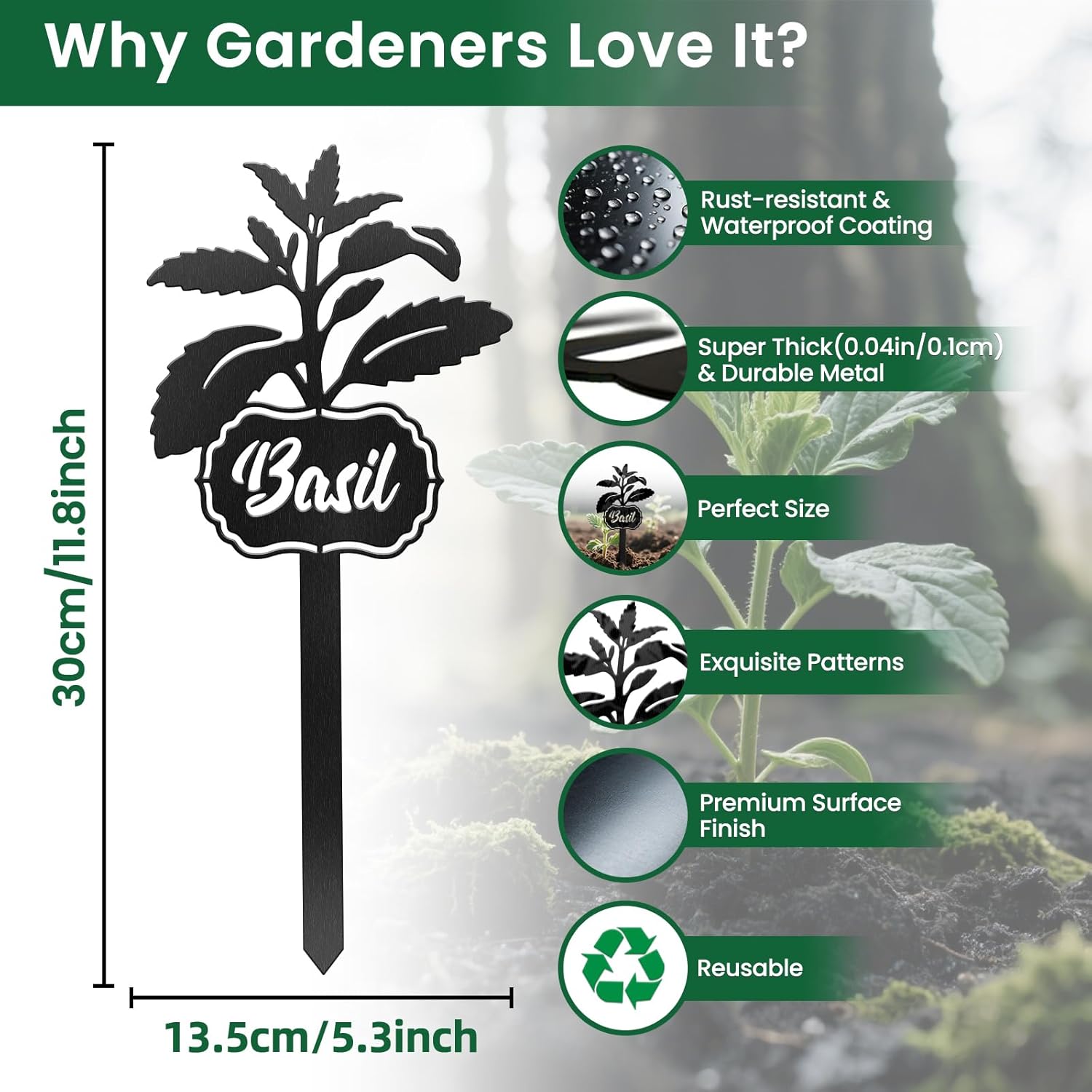 CUTHOLLOW Metal Plant Marker Stake Basil for Outdoor Indoor, Waterproof 11.8 inch Cute Garden Plant Labels Sign Tag for Vegetables, Farmhouse Greenhouse Decor - Funny Gardening Gifts-VerdiqueGarden