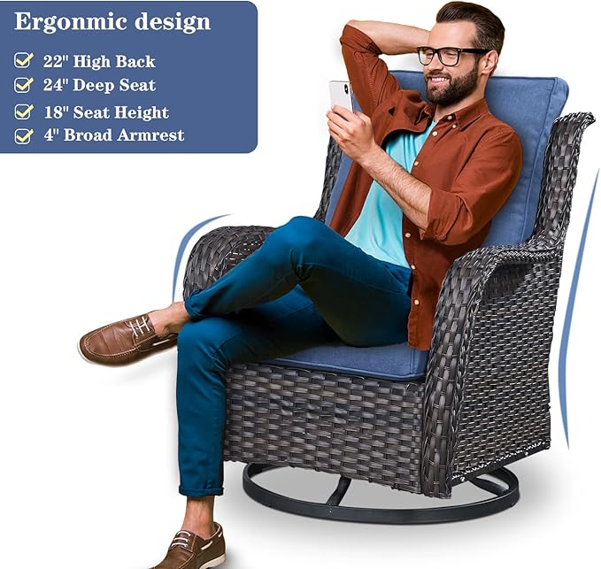 5 Piece Outdoor Patio Furniture Set - Wicker Furniture Patio Conversation Set, Outdoor Swivel Rocker Chairs with 3-Seater Sofa and 2 Ottomans for Small Space, Blue Cushion-VerdiqueGarden