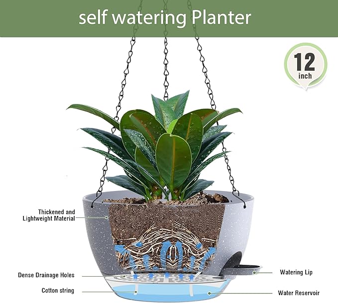 12 Inch Hanging Baskets 2 PC with Chains, Self-Watering Hanging Planters for Indoor Outdoor Plants, Plastic Hanging Flower Pots,Speckled Grey-VerdiqueGarden