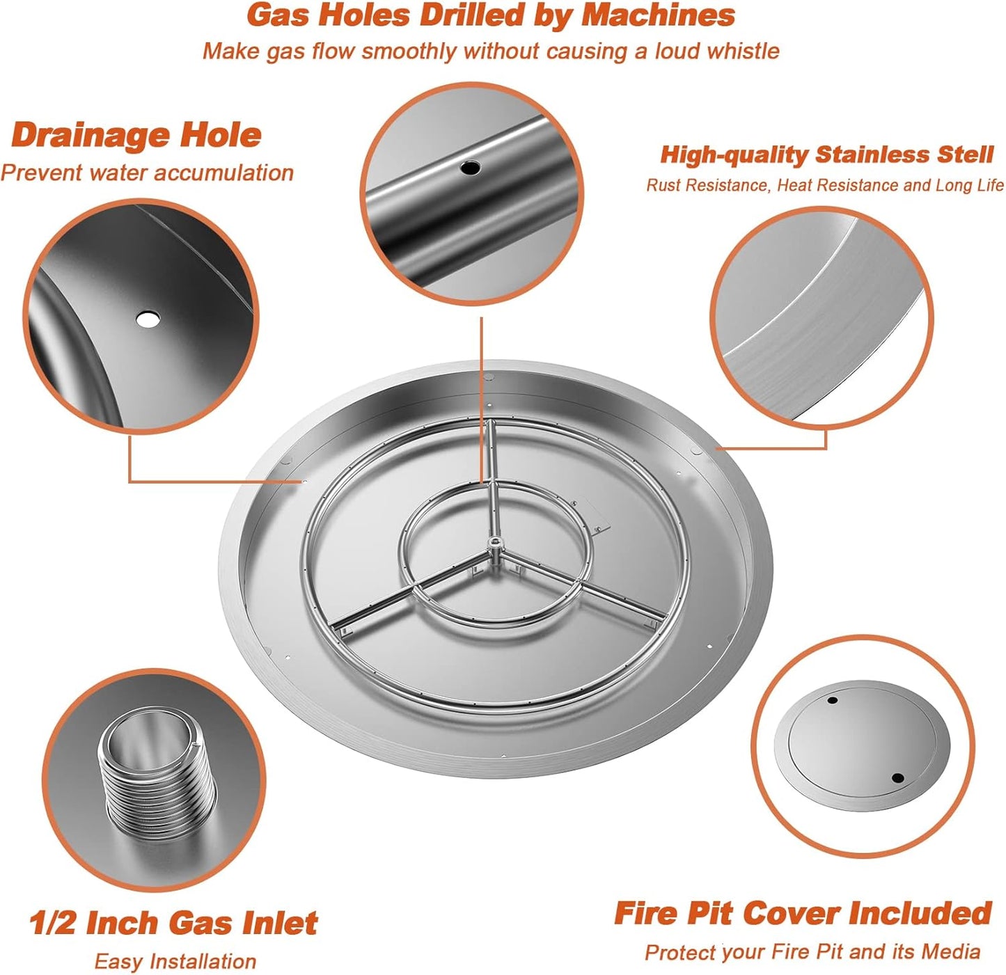 Skyflame 31" x 31" Round Stainless Steel DIY Drop-in Firepit System Assembly Set, Including Fire Pit Pan Fire Bowl with Burner Ring and Protective Cover-VerdiqueGarden