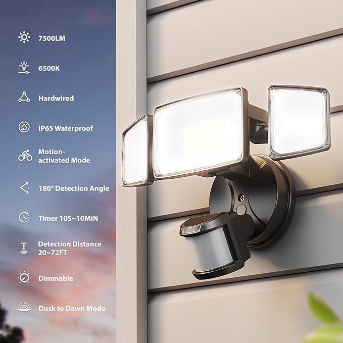 Onforu 75W LED Motion Sensor Outdoor Lights, Dusk to Dawn Flood Light Outdoor Motion Sensor, Hardwired Security Lights Floodlights Outside 7500LM 6500K Daylight IP65 Waterproof (Black)-VerdiqueGarden
