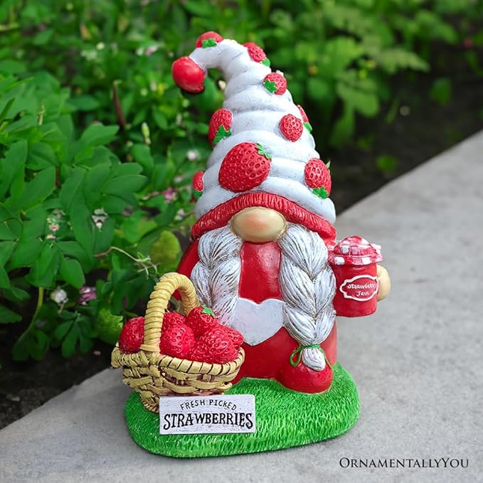 Spring & Summer-Themed Garden Statues – Adorable Outdoor Decor for Lawn, Patio & Porch (Charming Homestead Strawberry Gnome Garden Statue, 9.5" Farmhouse Style Unique Fruit Home Decor)-VerdiqueGarden