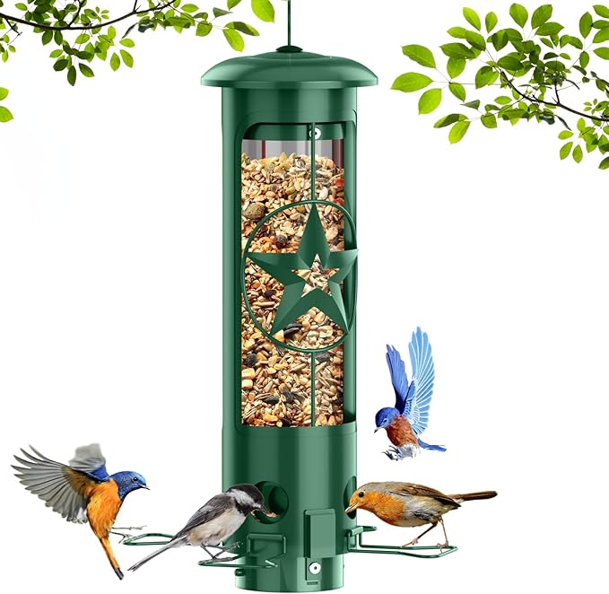 Squirrel Proof Bird Feeders for Outdoors Hanging, Metal Squirrel Proof Bird Feeder with Gravity Protection, 3LB Large Capacity Wild Bird Feeders for Outside Finch, Cardinal, Blue Jay (Green)-VerdiqueGarden