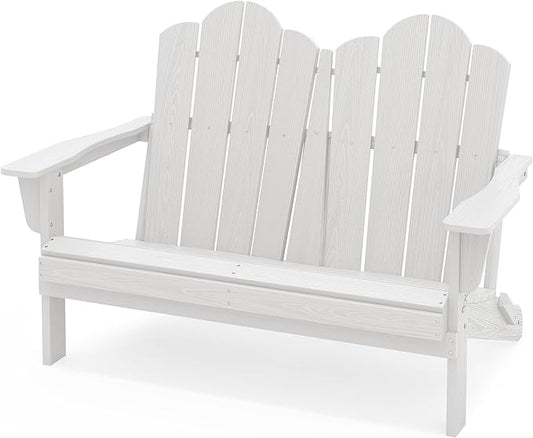 SERWALL Folding Adirondack Bench, HDPE All-Weather Adirondack Loveseat, 660 lbs Capacity, Foldable Outdoor Patio Bench for Deck, Lawn, Garden, White-VerdiqueGarden
