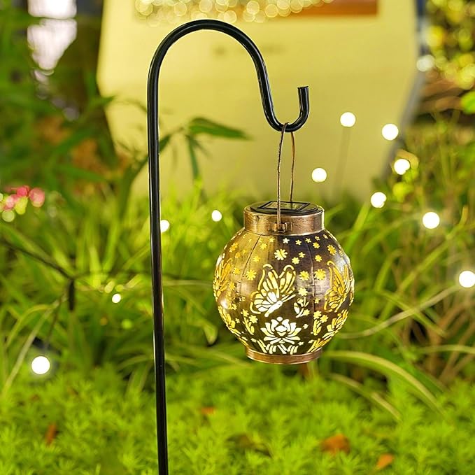 2 Pack Outdoor Solar Hanging Lantern Lights Metal LED Decorative Lamp for Garden Patio Porch Lawn and Table.Unique Gifts for Women Gardening. (Bronze Butterfly)-VerdiqueGarden