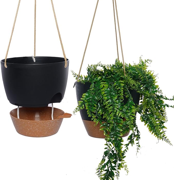 10 Inch Self Watering Hanging Pots, 2 Pack Hanging Planters with 40oZ Deep Reservior for Indoor Outdoor Plants Flowers, Black with Brown-VerdiqueGarden