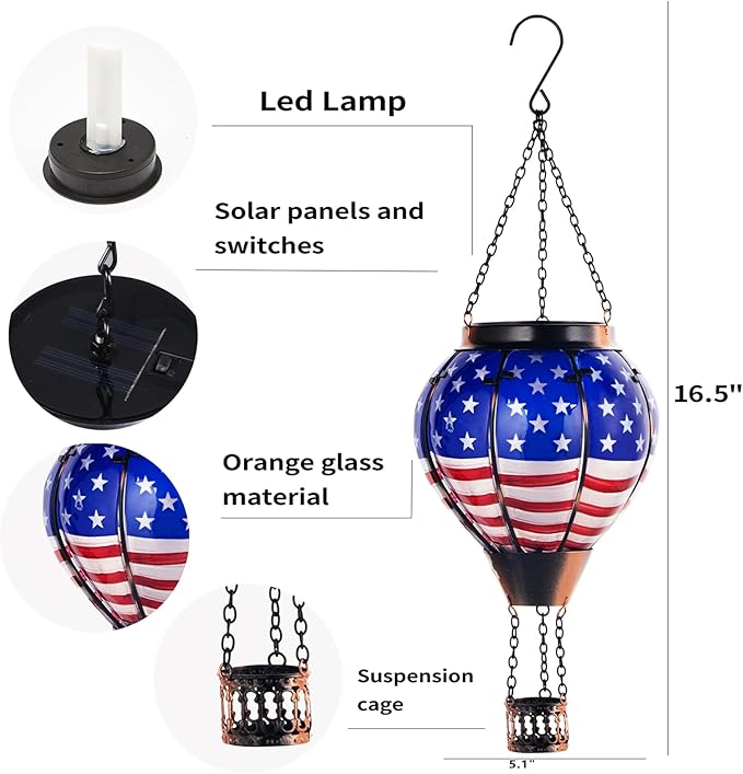 Hot Air Balloon Solar Lantern Outdoor - Flame Hanging Solar Light Waterproof Lanterns for Patio Garden Yard Farmhouse Decor, Great Gift(Flag)-VerdiqueGarden