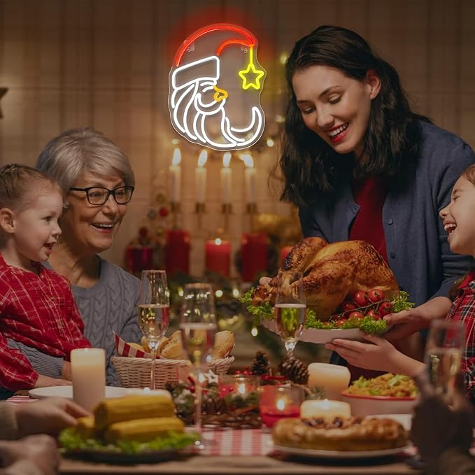 Moon Christmas Santa Neon Sign,Cute Anime Neon Light,Moon Star Neon Sign for Wall Decor,Red Christmas Hat USB Neon Light Sign for Party Store Living Room Bar Door Kids Bedroom Christmas Gift-VerdiqueGarden