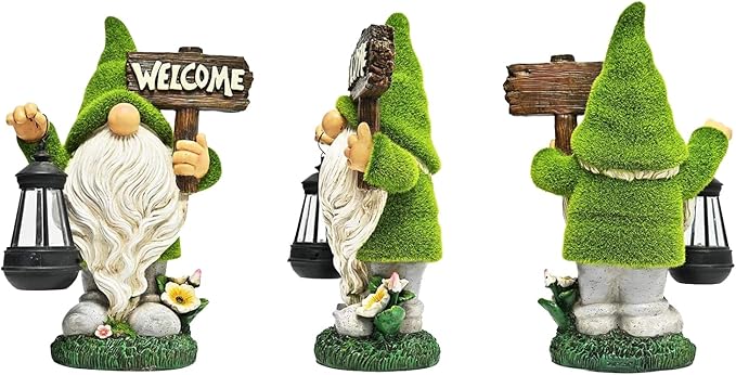Garden Gnome Statue Outdoor Decor Large Flocked Resin Gnome Figurine with Solar Light Holding Lantern Welcome Sign Garden Yard Decorations Dwarf Sculpture for Outside Patio Porch Lawn Decor.-VerdiqueGarden