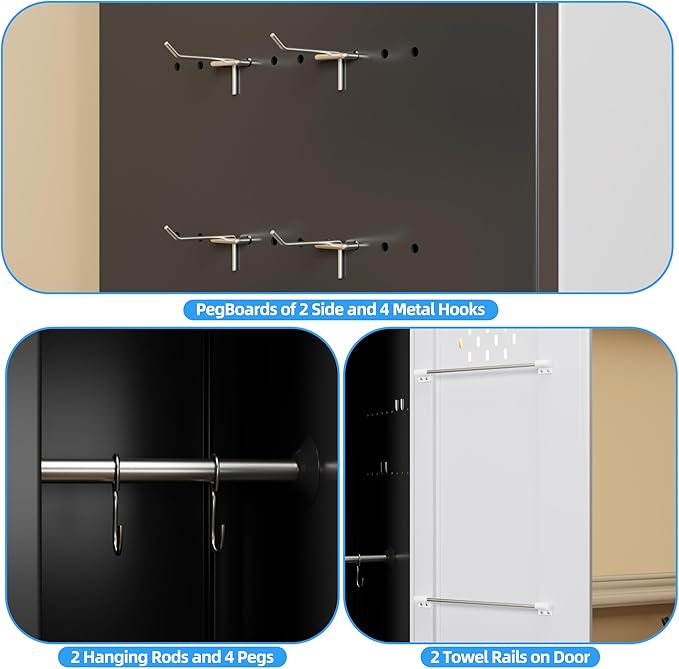 72''H Metal Broom Closet Storage Cabinet with Wheels & Pegboards, Mops Broom Closet Organizer with Locking Door & Hanging Rod,Cleaning Tool Garage Cabinet,Assembly Required,Black White-VerdiqueGarden