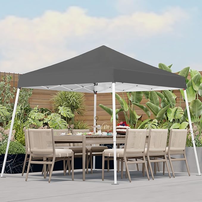 10x10 Pop Up Canopy, 300D Silver Coated Grey Fabric Outdoor Gazebo, Beach Tent Slant Legs with Storage Bag,Easy Up Sun Shade Shelter Tents with 8x8 Top Cover for Patio,Party-VerdiqueGarden