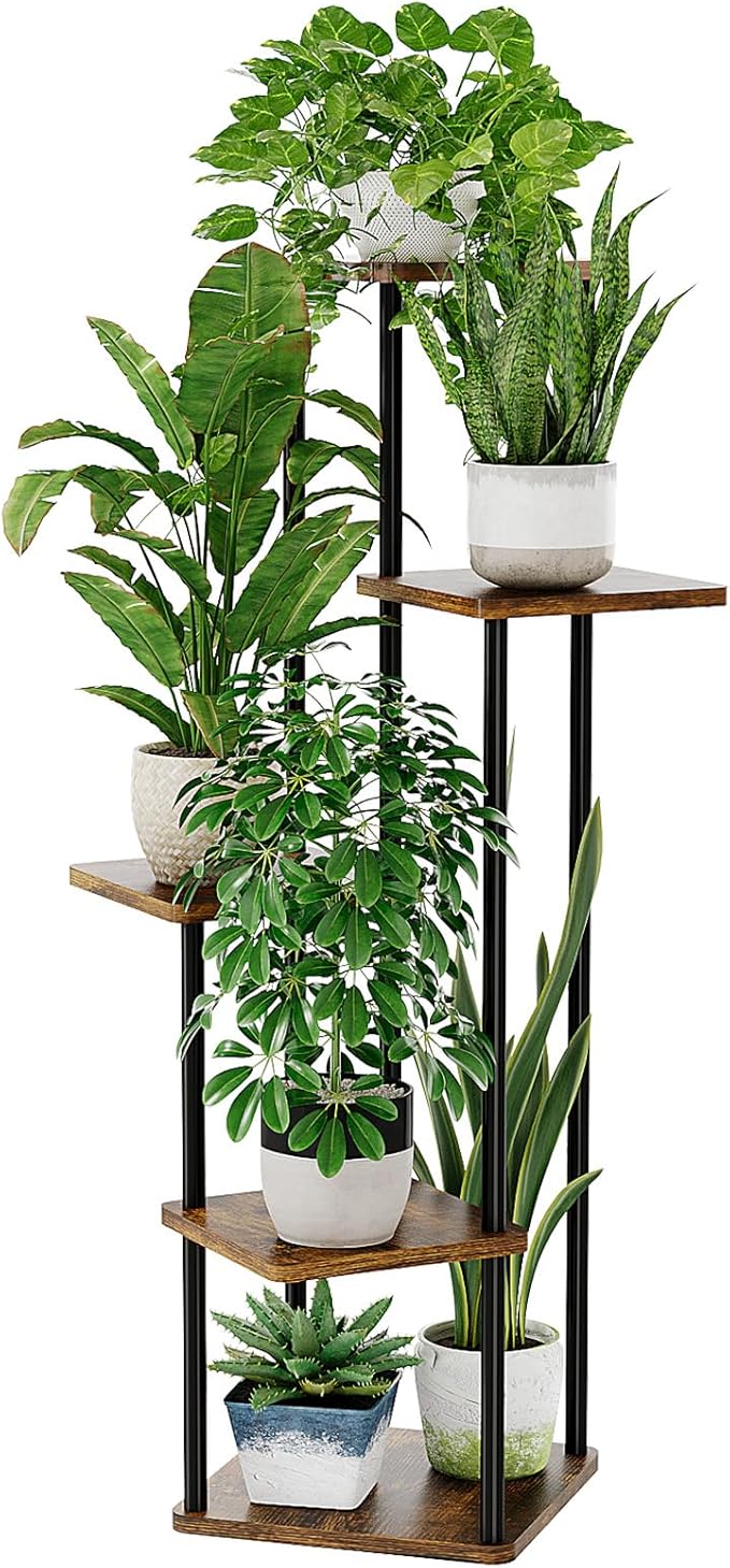 Bamworld Corner Plant Stand Indoor, 5 Tier Metal Plant Shelf for Multiple Plants, Tall Flower Stand for Patio Garden Balcony Living Room Bedroom(Brown)-VerdiqueGarden