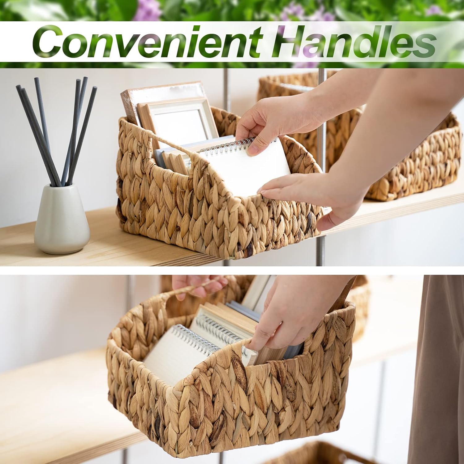 FairyHaus Wicker Baskets 2 Pack, Natural Large Wicker Baskets for Storage, Nesting Hand-woven Water Hyacinth Wicker Baskets for Organizing with Built-in Handles, 9"L x 11"W x 7"H-VerdiqueGarden