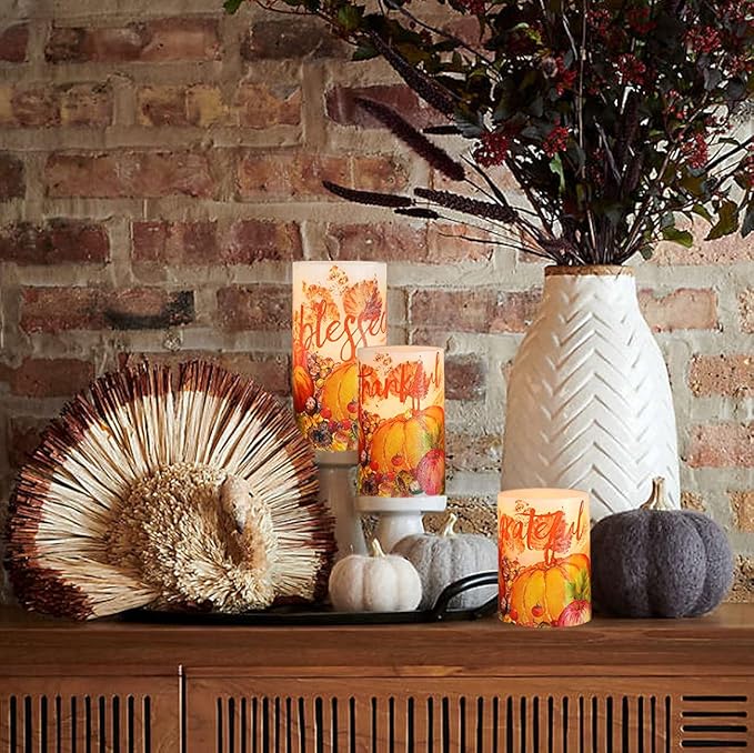 Thanksgiving Blessings LED Candles Pumpkin Glitter Desgin Real Wax Flickering Flameless Fall Harvest Battery Operated with Remote Timer 6H for House Warming Gifts New Home Table Tary Decor-VerdiqueGarden