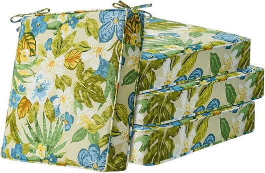 Square Corner Seat Cushions, 19" x 19" x 3", Set of 4, Indoor Outdoor Water Repellent Universal Chair Pads with Ties for Patio Furniture, Garden Dining Chairs, Blue Flower-VerdiqueGarden