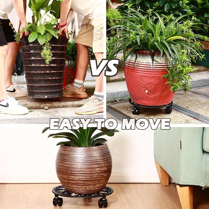 11 Inch Rolling Plant Stand with Wheels Wrought Iron Rolling Plant Stand with Casters Heavy Duty for Indoor Plants Rollers with Plant Saucers, Metal Round Plant Dolly 1 Pack-VerdiqueGarden