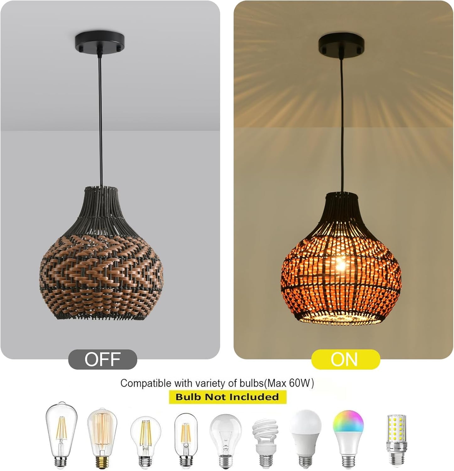 3-Pack Rattan Pendant Light 10.24" Hand-Woven Black Brown Fax Rattan Basket Chandelier Mini Boho Wicker Hanging Lamp for Dining Living Bedroom Kitchen Farmhouse-VerdiqueGarden