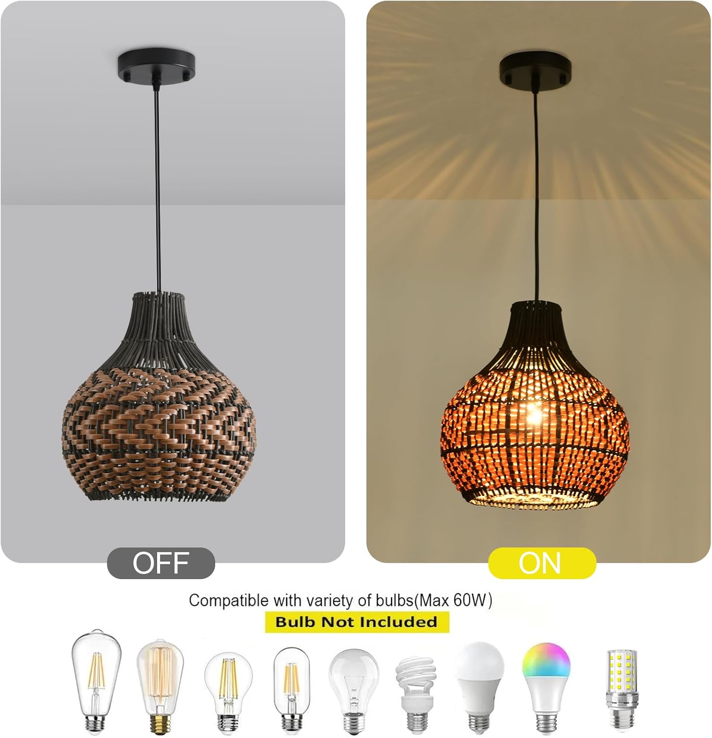 3-Pack Rattan Pendant Light 10.24" Hand-Woven Black Brown Fax Rattan Basket Chandelier Mini Boho Wicker Hanging Lamp for Dining Living Bedroom Kitchen Farmhouse-VerdiqueGarden