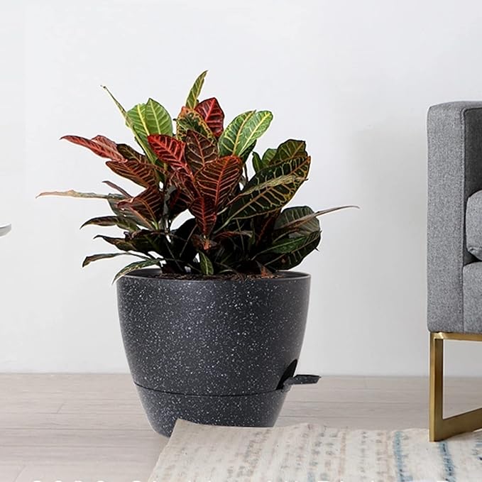 10/9/8 inch Self Watering Pots, Set of 3 Plastic Planters with Mesh Drainage Holes and Deep Reservoir for Indoor Outdoor Garden Plants and Flowers, Black Speckles-VerdiqueGarden