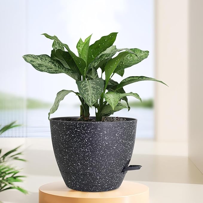12 inch Large Self Watering Pots for Indoor Outdoor Plants, Flower Plant Pots with Mesh Drainage Holes for Garden House Plants, Plastic Planters with Reservoir for Home Decor, Speckled Black-VerdiqueGarden