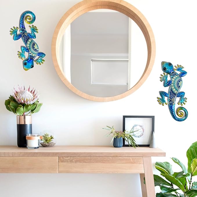 HONGLAND Metal Gecko Wall Art 2Pcs Outdoor Wall Decor Lizard Metal Hanging Wall Decoration Glass Sculpture for Garden Yard Patio Fence Home (Blue)-VerdiqueGarden