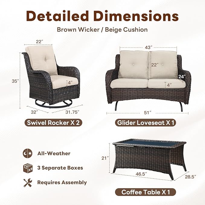 4 Piece Patio Furniture Set - Outdoor Glider Bench with Swivel Rocker Chairs and Coffee Table, High Back Small Outdoor Conversation Furniture Sets for Deck Sunroom Balcony Backyard-VerdiqueGarden