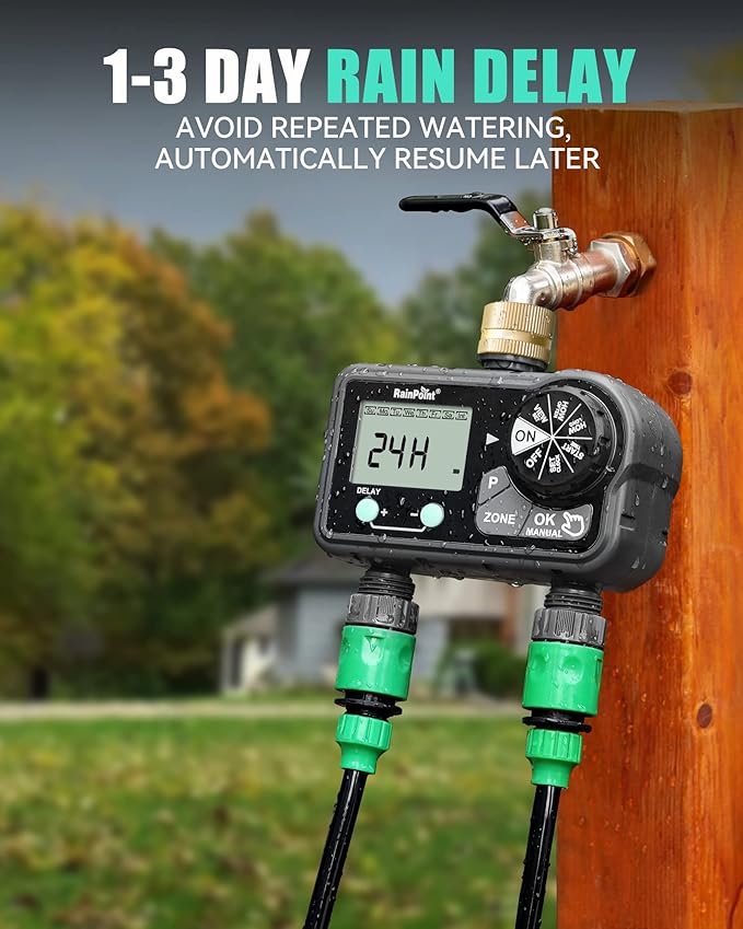 RAINPOINT Brass Sprinkler Timer 2 Stations, Large Digital Water Timer for Garden Hose with 6 Programmable Procedure, with Delay/Manual/Auto Irrigation Mode for Week/Specific/Daily Watering-VerdiqueGarden