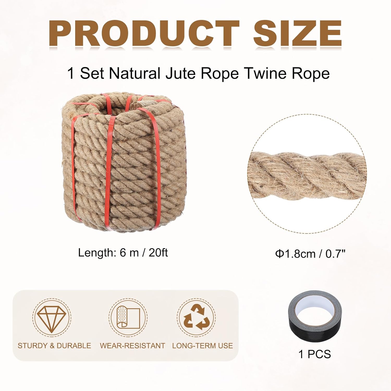 MECCANIXITY Jute Rope 20ft x 0.7 Inch, Thick Twine Rope Ropes Braided Jute Twine Natural Brown Burlap Cord String Heavy Twisted with Tape for Decorative Crafts Railing Swing Tug of War-VerdiqueGarden