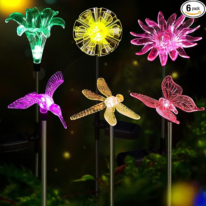 Solar Garden Lights Outdoor - 6 Pack LED Figurine Stake Lights, Color Changing Landscape Lighting, Halloween Decorative Flower Lights Solar Powered Waterproof for Patio Yard Pathway, Housewarming Gift-VerdiqueGarden