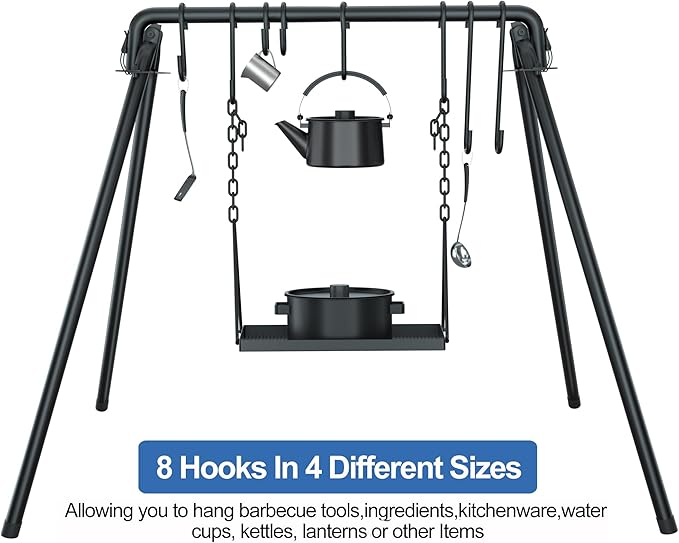 RELIANCER Grill Swing,Campfire Grill Cooking Stand w/8 Hooks & Storage Bag,Cast Iron BBQ Party Swing Grilling Cooking Rack,Outdoor Picnic Camping Cookware Hanging Rack,Collapsible Bonfire Barbecue Set-VerdiqueGarden