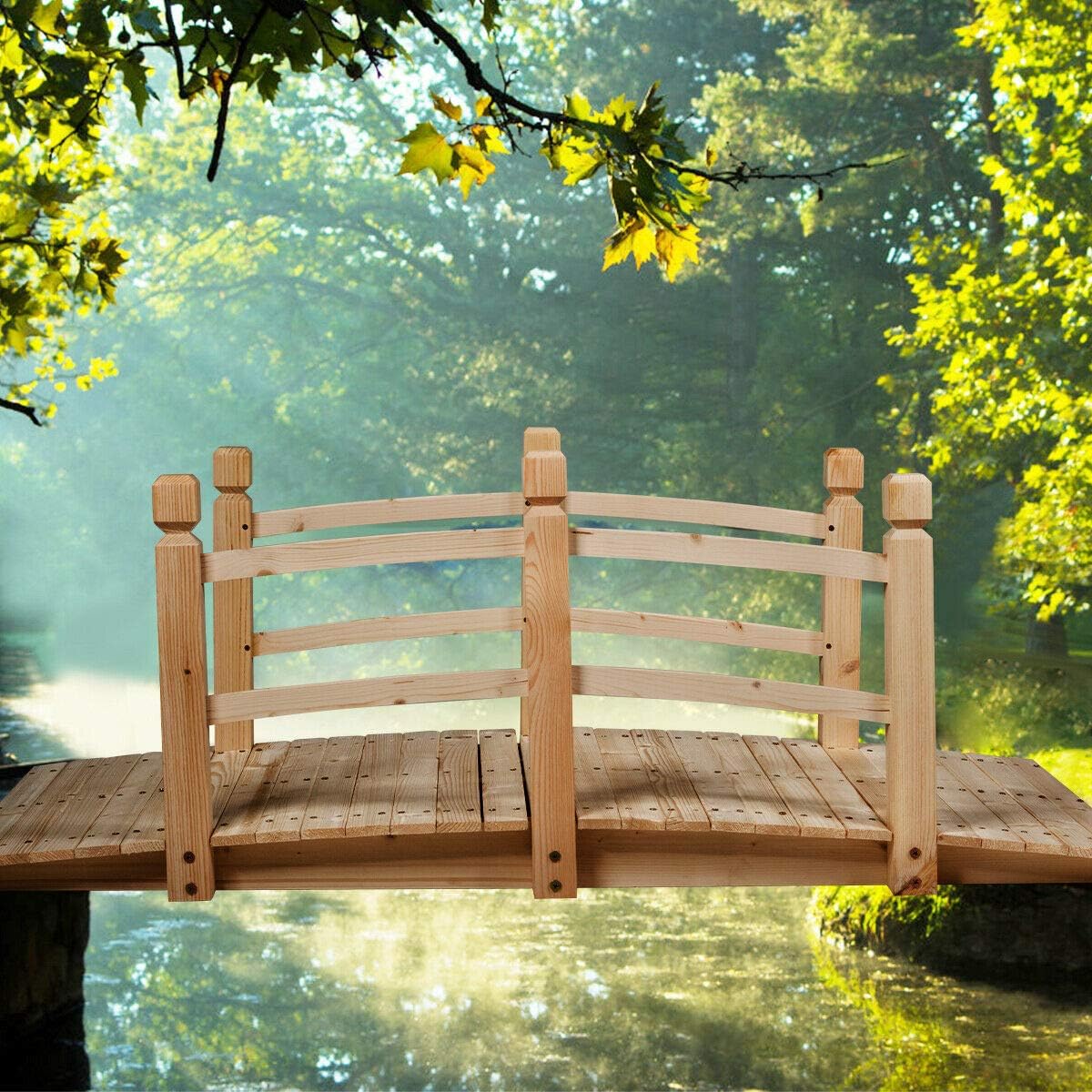 HAPPYGRILL Wooden Bridge, Natural Wood Garden Bridge with Guardrails, Outdoor Pond Bridge for Garden Backyard Decoration 5FT-VerdiqueGarden