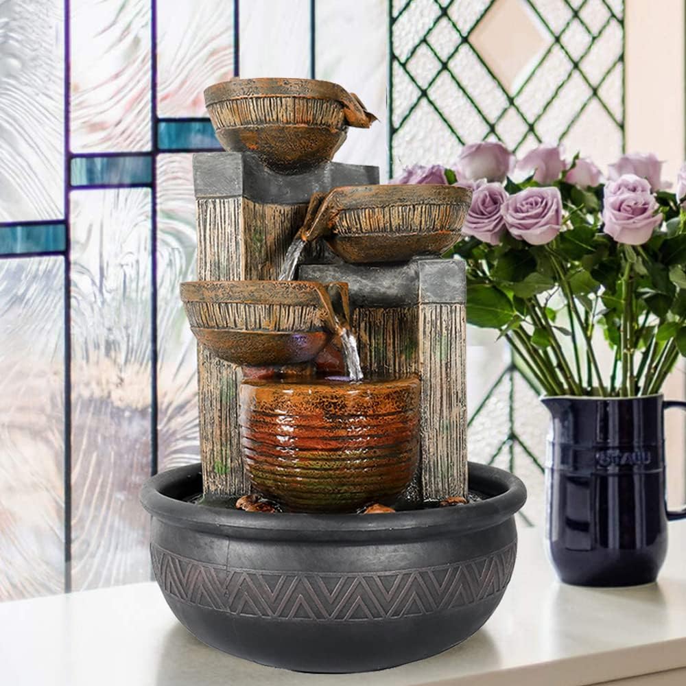 15.7''H 4-Tier Relaxation Indoor Tabletop Waterfall Fountain with LED Lights Desktop Fountains Calming Sound for Home Office Bedroom Decor (Brown, 15.7inch)-VerdiqueGarden
