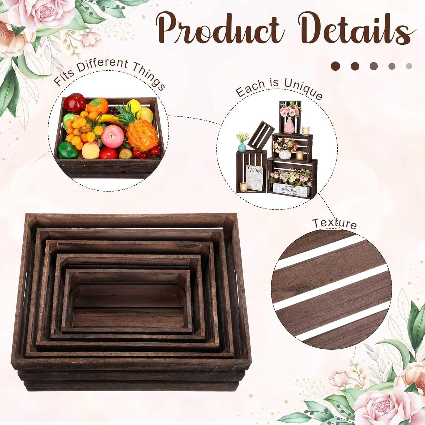 Soaoo 5 Pcs Decorative Nesting Wooden Crates for Storage Display 5 Size Large Small Rustic Wood Decorative Storage Crates with Handle Farmhouse Crate Box Container Made from Pine(Vintage Black)-VerdiqueGarden