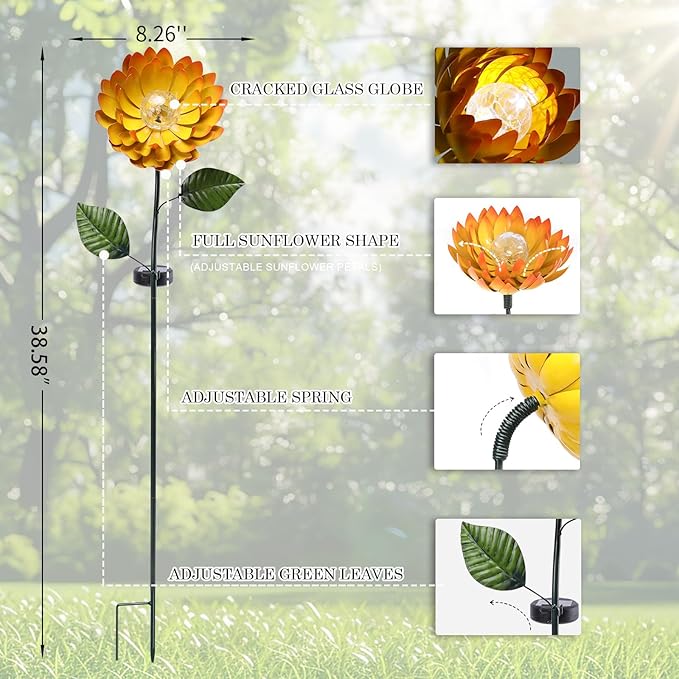 VCUTEKA Solar Garden Lights Metal Flower Decor Colorful Yellow Flowers Solar Pathway Light with LED Cracked Crystal Ball Outdoor Decorative Stake for Patio Yard Lawn-VerdiqueGarden