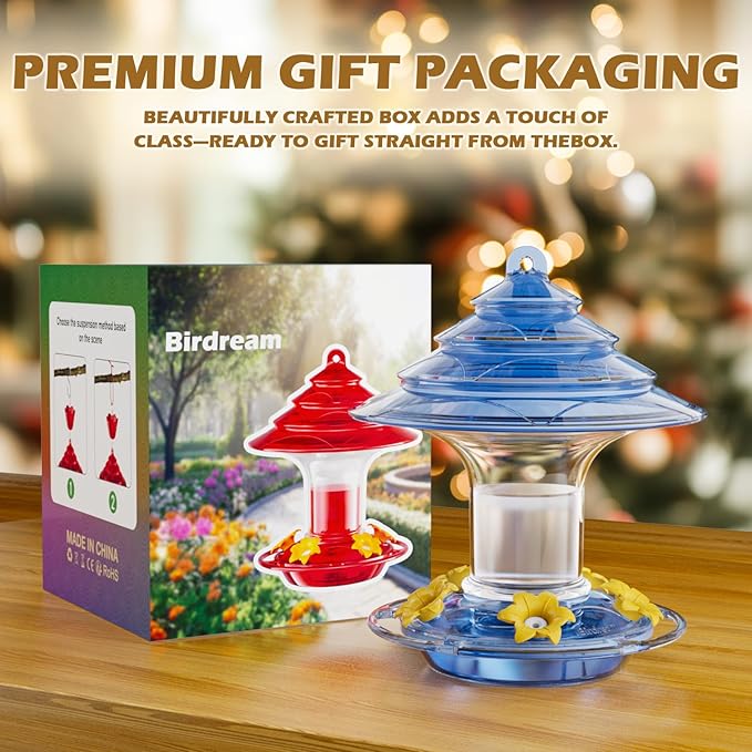 Birdream Hummingbird Feeder for Outdoors Hanging, 20oz Hummingbird Feeders with 5 Bee Guard Feeding Ports & Built-in Ant Moat Brush Leak-Proof for Outside Gifts for Women - Blue-VerdiqueGarden