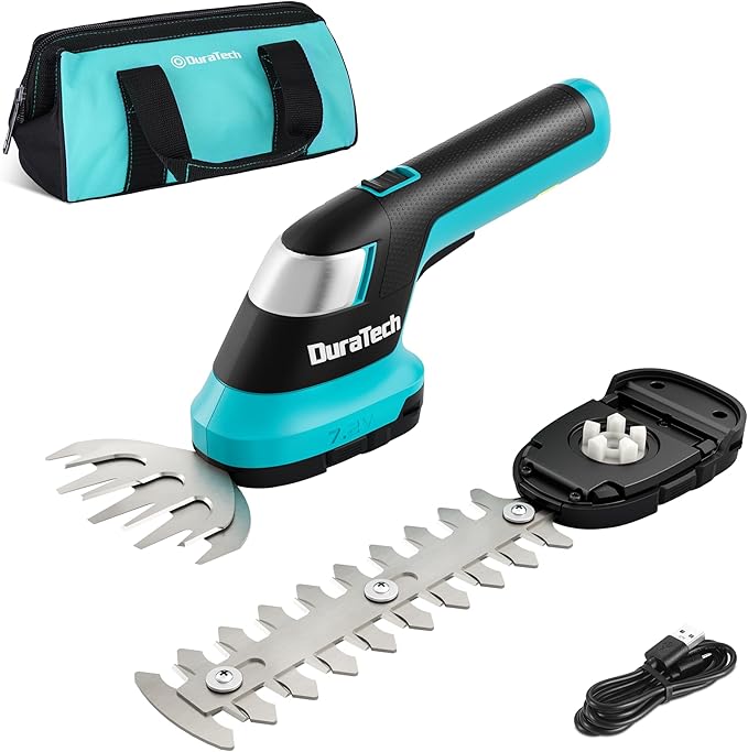 DURATECH Cordless Hedge Trimmer, 7.2V 2-in-1 Handheld Rechargeable Grass Trimmer & Hedge Shears with USB Type-C Cable, Built-in Li-ion Battery, Electric Shrub & Grass Shears for Garden, Yard and Lawn-VerdiqueGarden